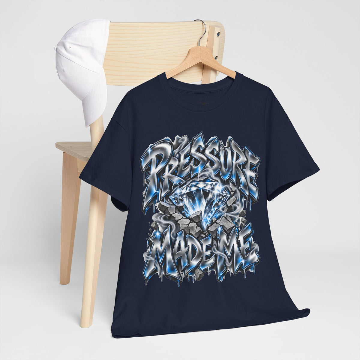 Pressure Made Me T-Shirt | Graffiti Script Blue Lightning Streetwear