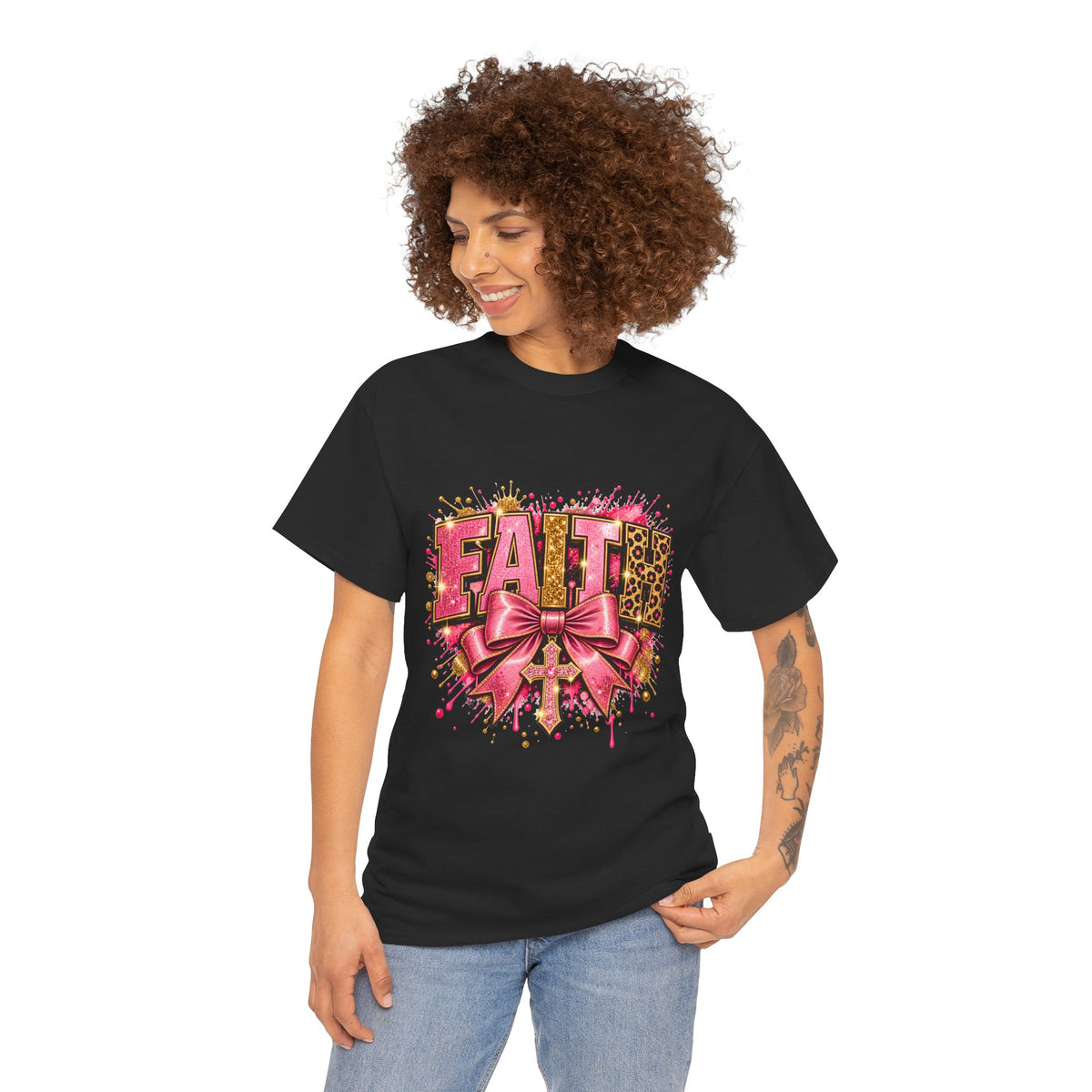 FAITH Leopard Bow T-Shirt Pink Faith Graphic Tee for Women & Girls product mockup