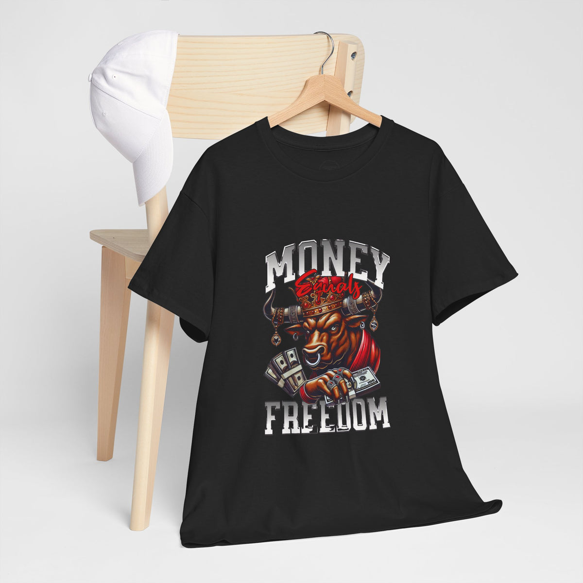 Money Over Freedom streetwear T-shirt with bull and cash graphic