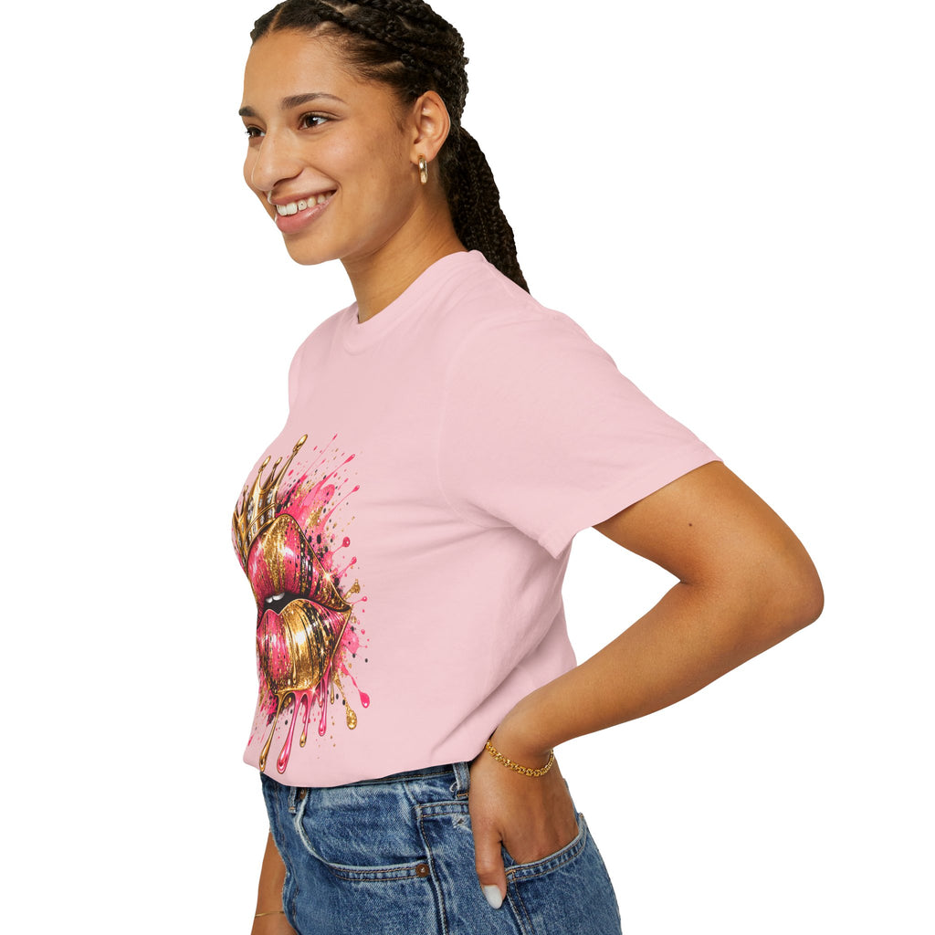 Crowned Kiss Graphic T-Shirt Gold Crown Pink Lip Art Tee product mockup