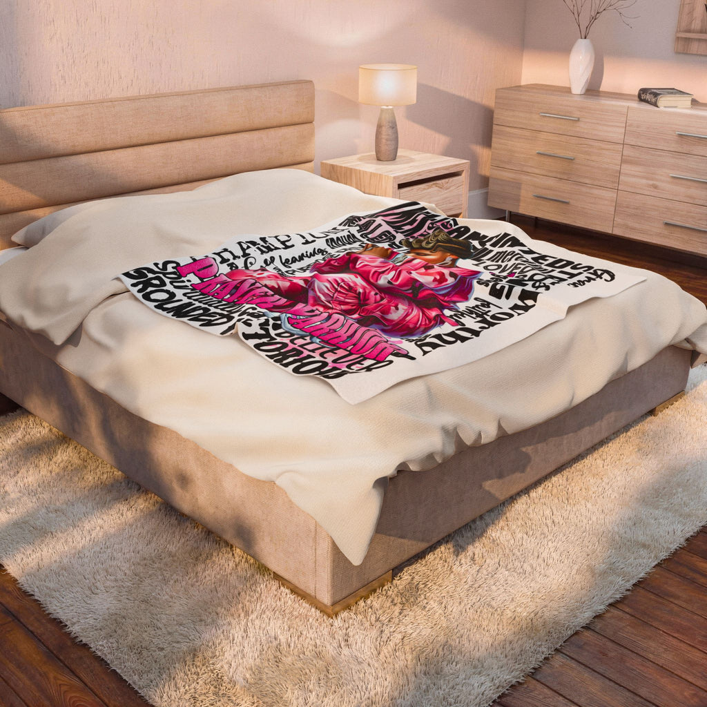 Prayer Warrior woman blanket | Christian faith scripture typography, pink praying figure