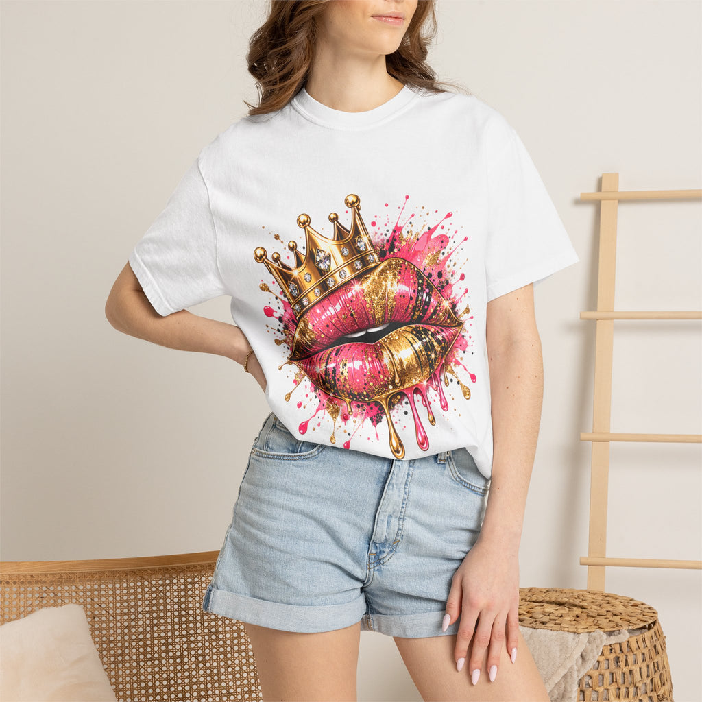 Crowned Kiss Graphic T-Shirt Gold Crown Pink Lip Art Tee product mockup