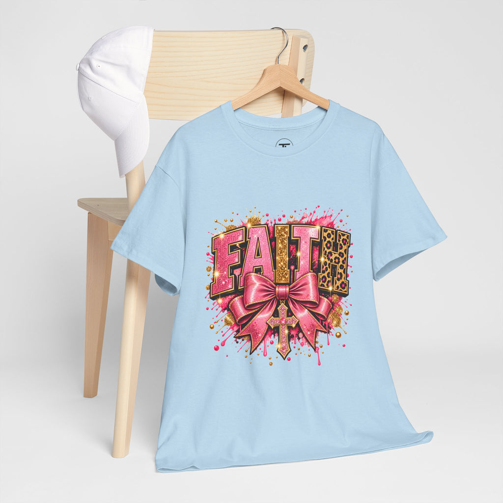FAITH Leopard Bow T-Shirt Pink Faith Graphic Tee for Women & Girls product mockup