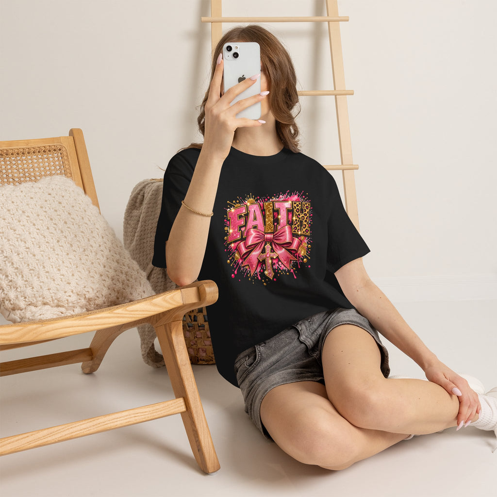 FAITH Leopard Bow T-Shirt Pink Faith Graphic Tee for Women & Girls product mockup