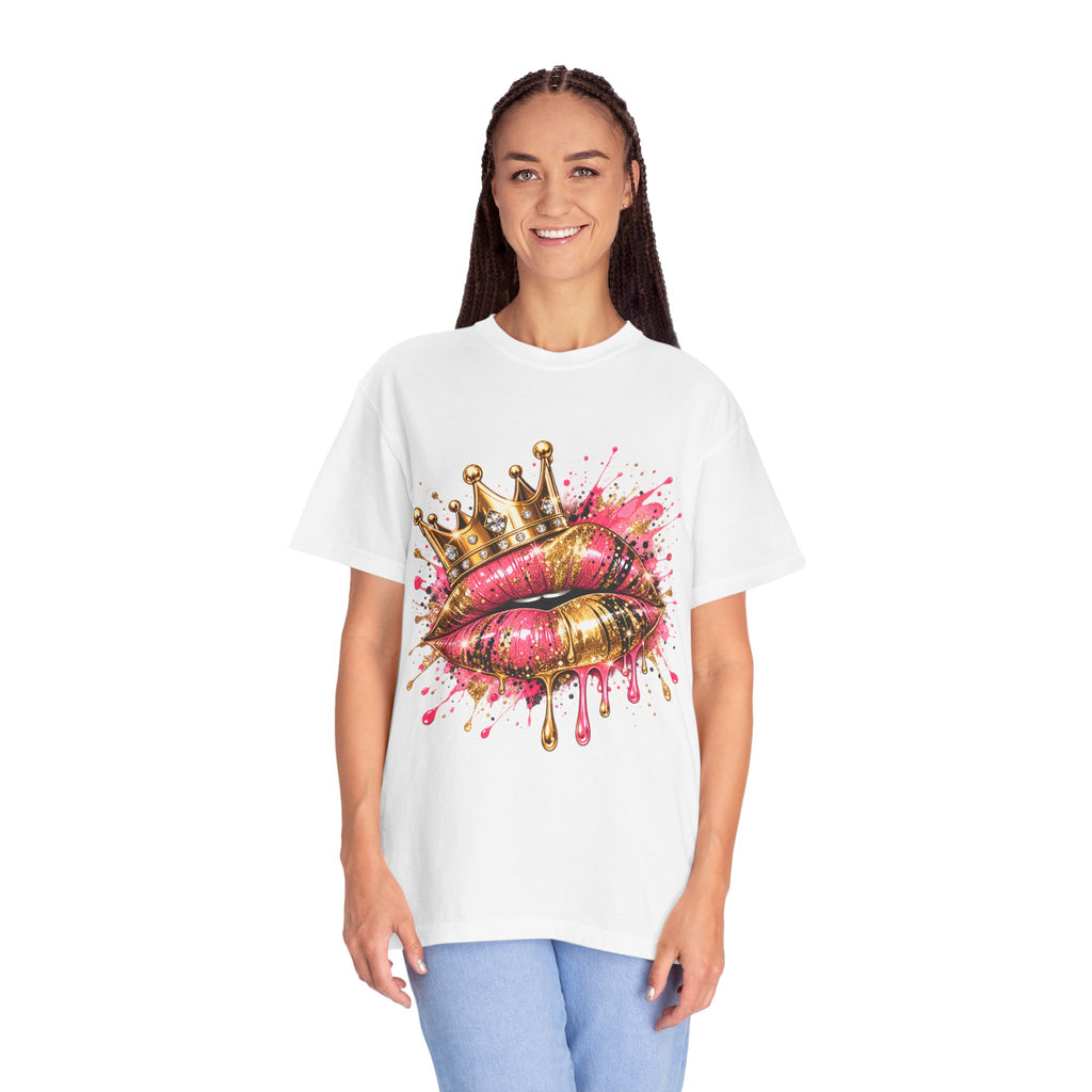 Crowned Kiss Graphic T-Shirt Gold Crown Pink Lip Art Tee product mockup
