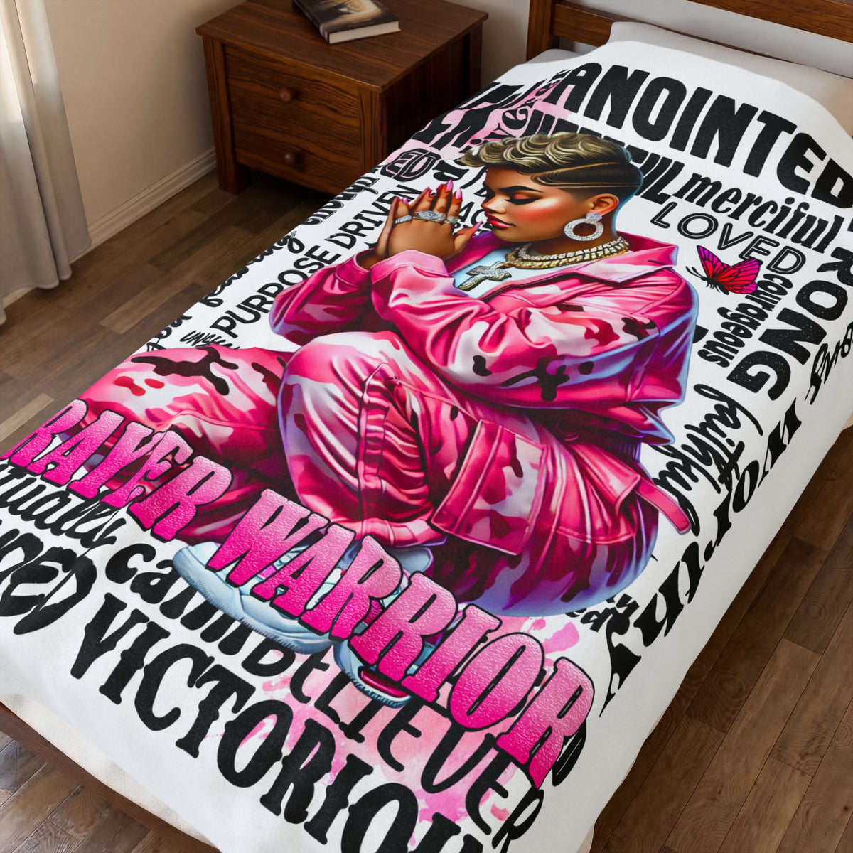 Prayer Warrior Christian faith blanket with pink praying woman — alternate product mockup