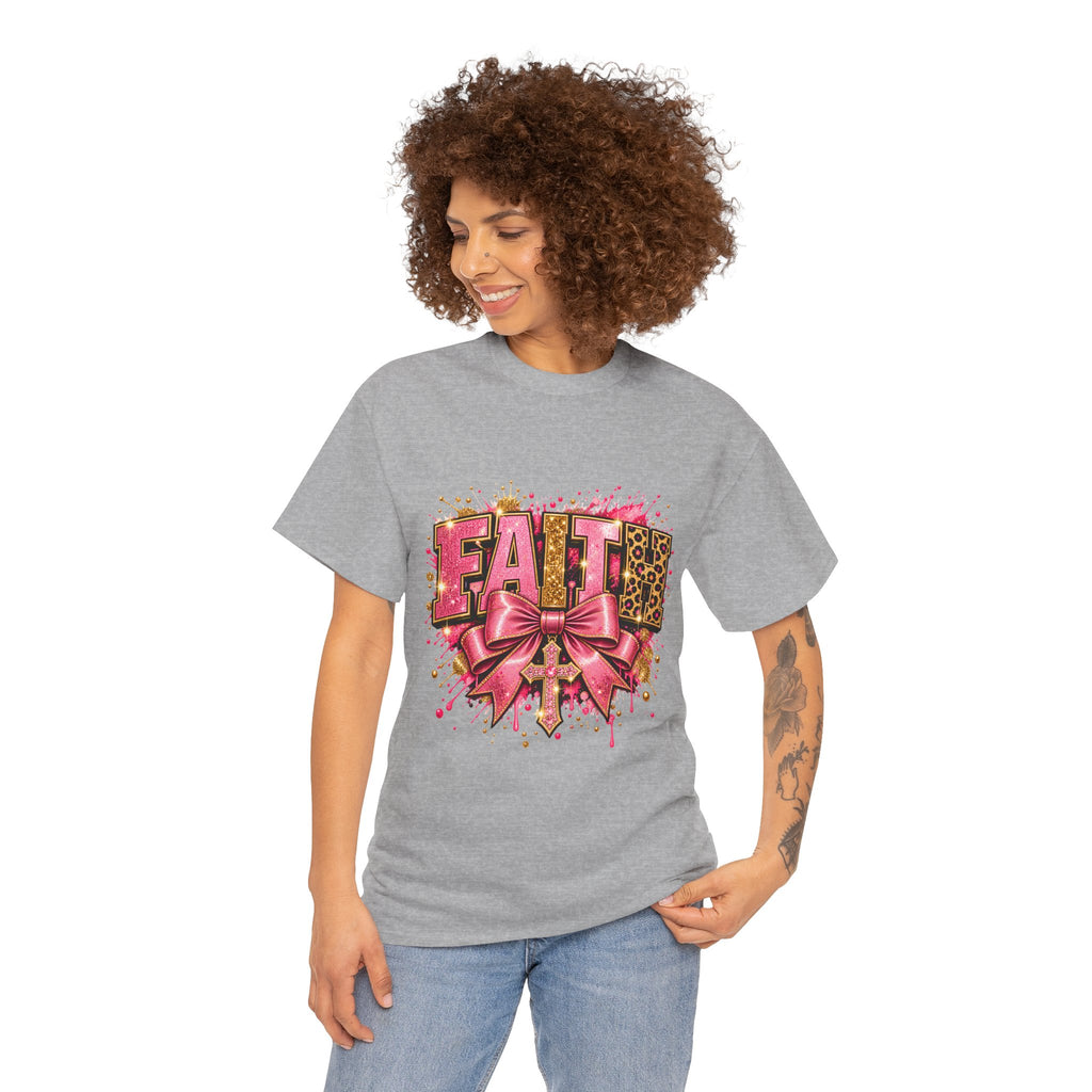 FAITH Leopard Bow T-Shirt Pink Faith Graphic Tee for Women & Girls product mockup