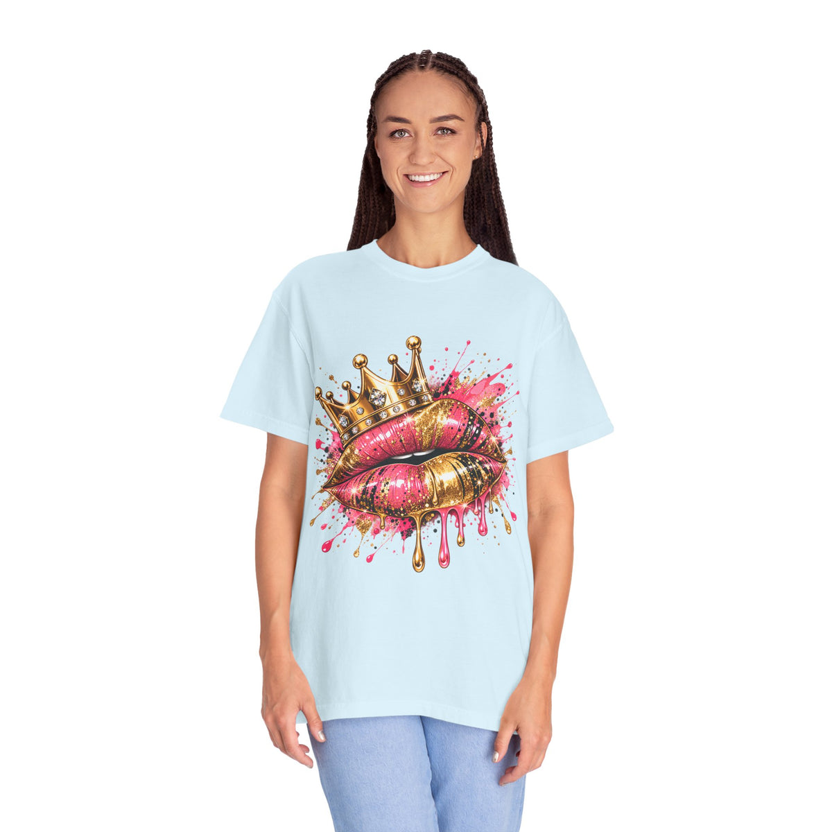 Crowned Kiss Graphic T-Shirt Gold Crown Pink Lip Art Tee product mockup