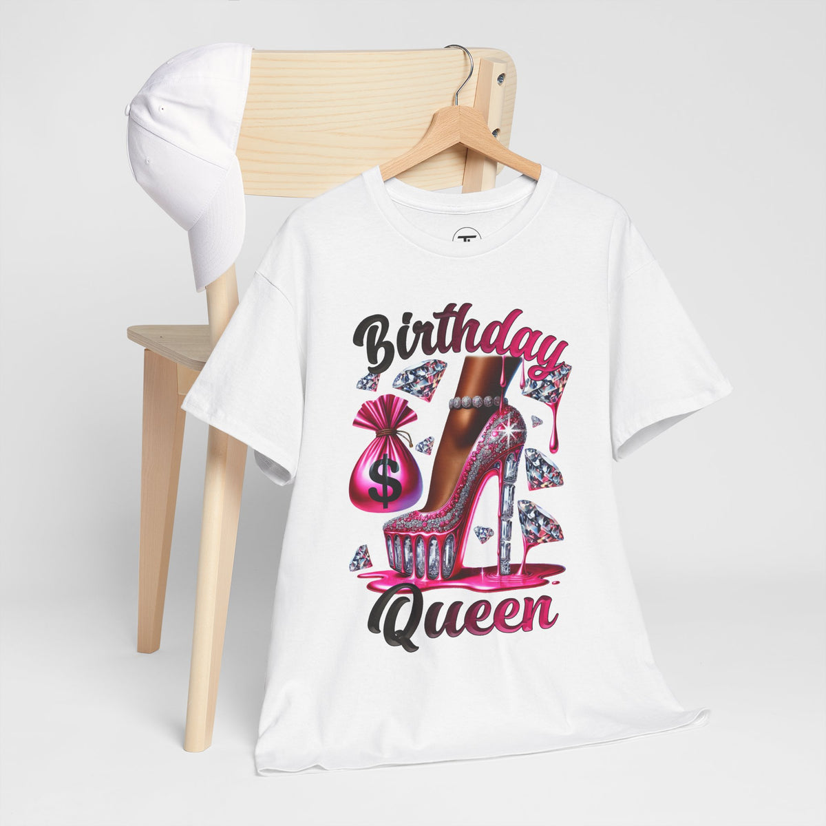 Birthday Queen glam T-shirt with pink high heel graphic