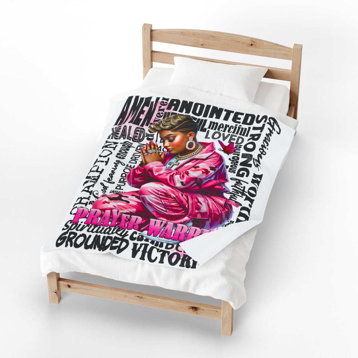 Prayer Warrior woman blanket | Christian faith scripture typography, pink praying figure