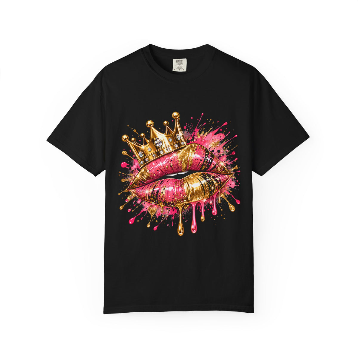 Crowned Kiss Graphic T-Shirt Gold Crown Pink Lip Art Tee product mockup