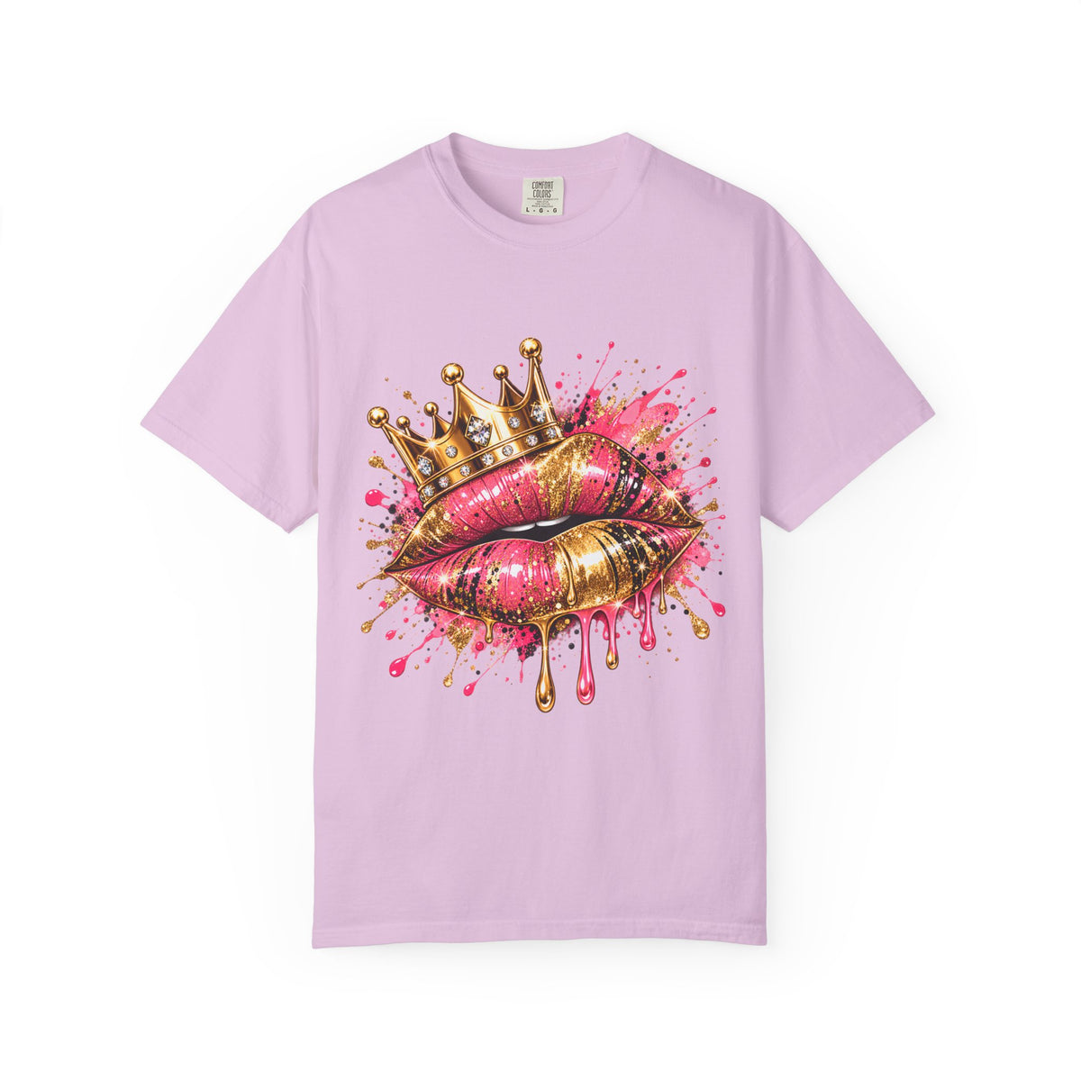 Crowned Kiss Graphic T-Shirt Gold Crown Pink Lip Art Tee product mockup