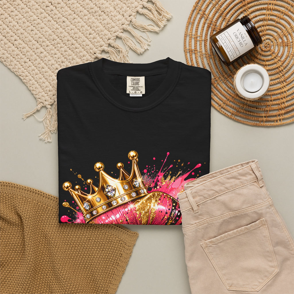 Crowned Kiss Graphic T-Shirt Gold Crown Pink Lip Art Tee product mockup