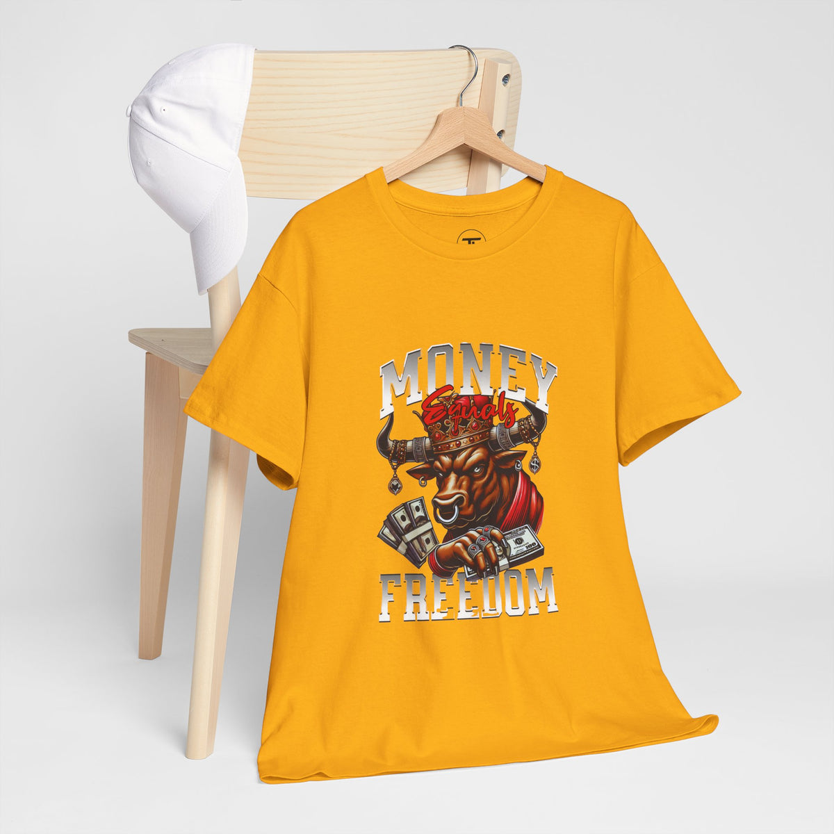 Money Over Freedom bull and cash graphic T-shirt — additional product image