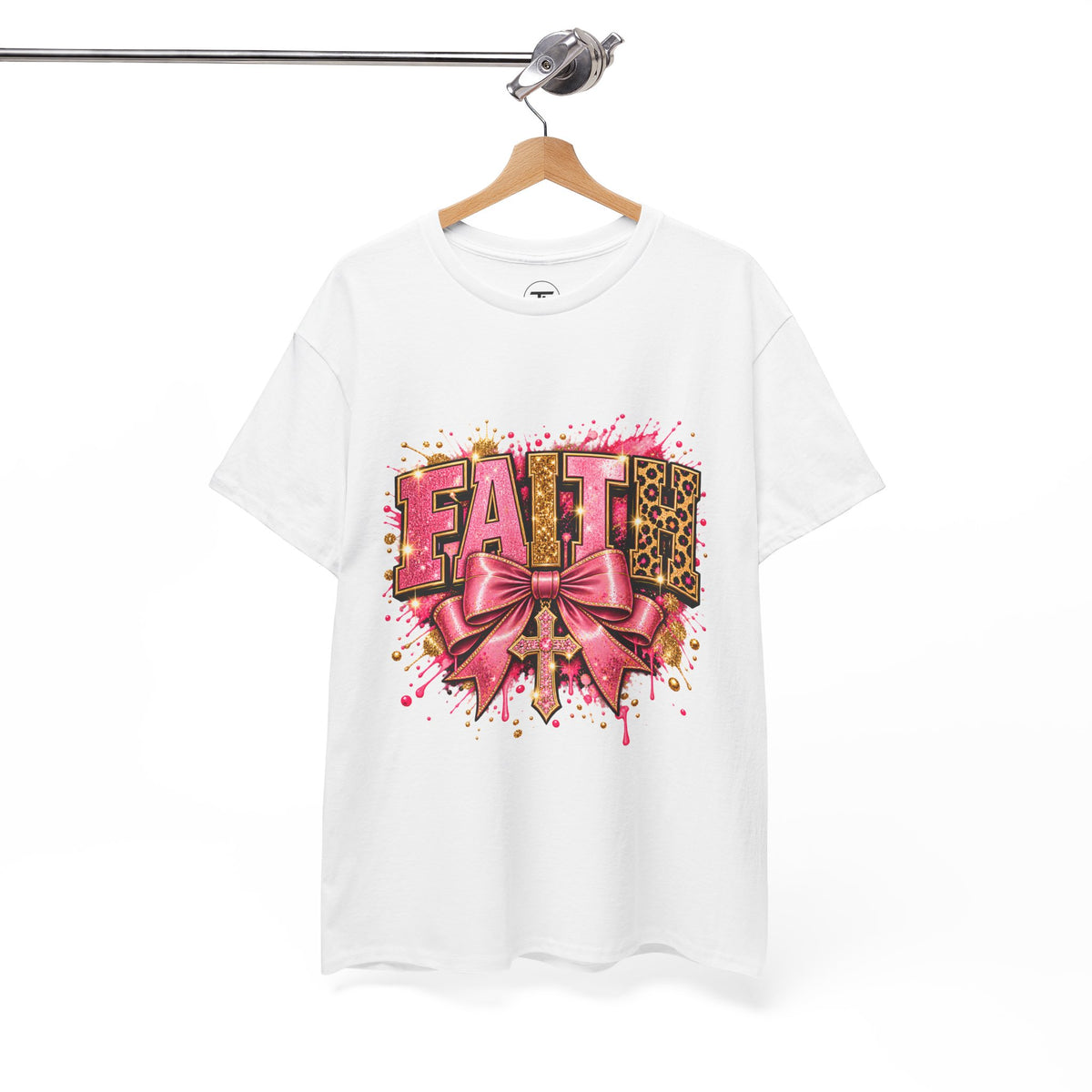 FAITH Leopard Bow T-Shirt Pink Faith Graphic Tee for Women & Girls product mockup
