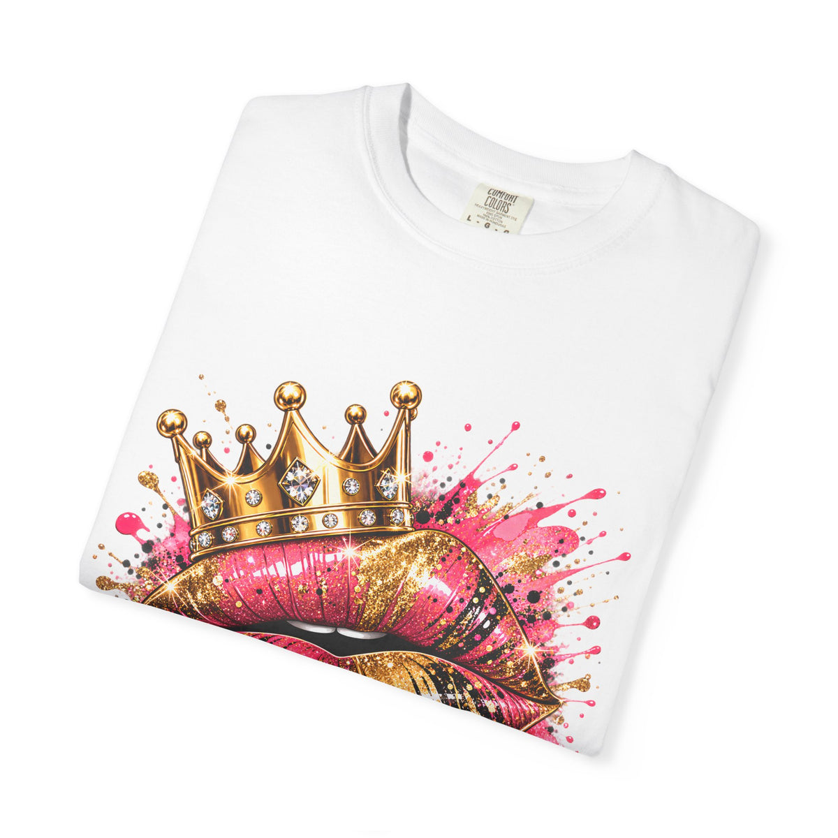 Crowned Kiss Graphic T-Shirt Gold Crown Pink Lip Art Tee product mockup