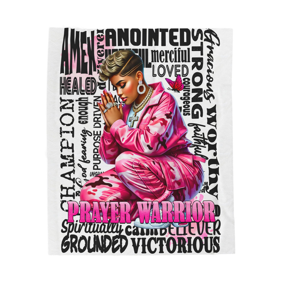 Prayer Warrior woman blanket | Christian faith scripture typography, pink praying figure