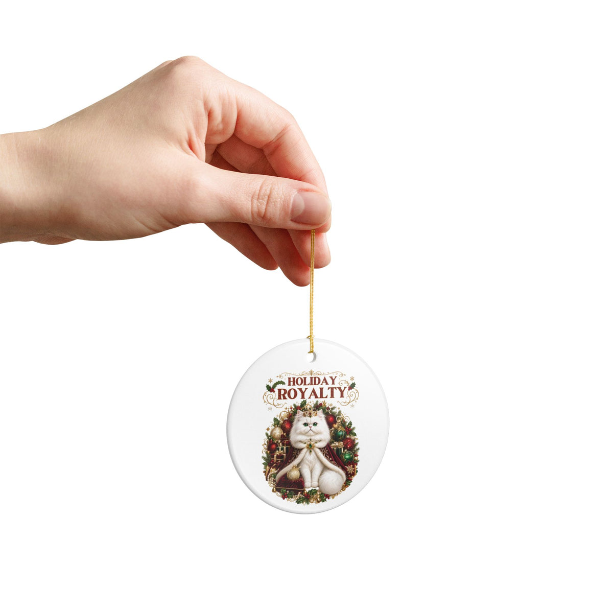 Holiday Royalty white cat ceramic Christmas tree ornament