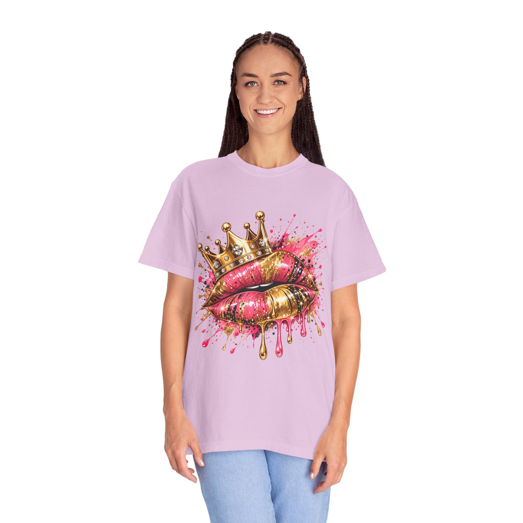 Crowned Kiss Graphic T-Shirt Gold Crown Pink Lip Art Tee product mockup