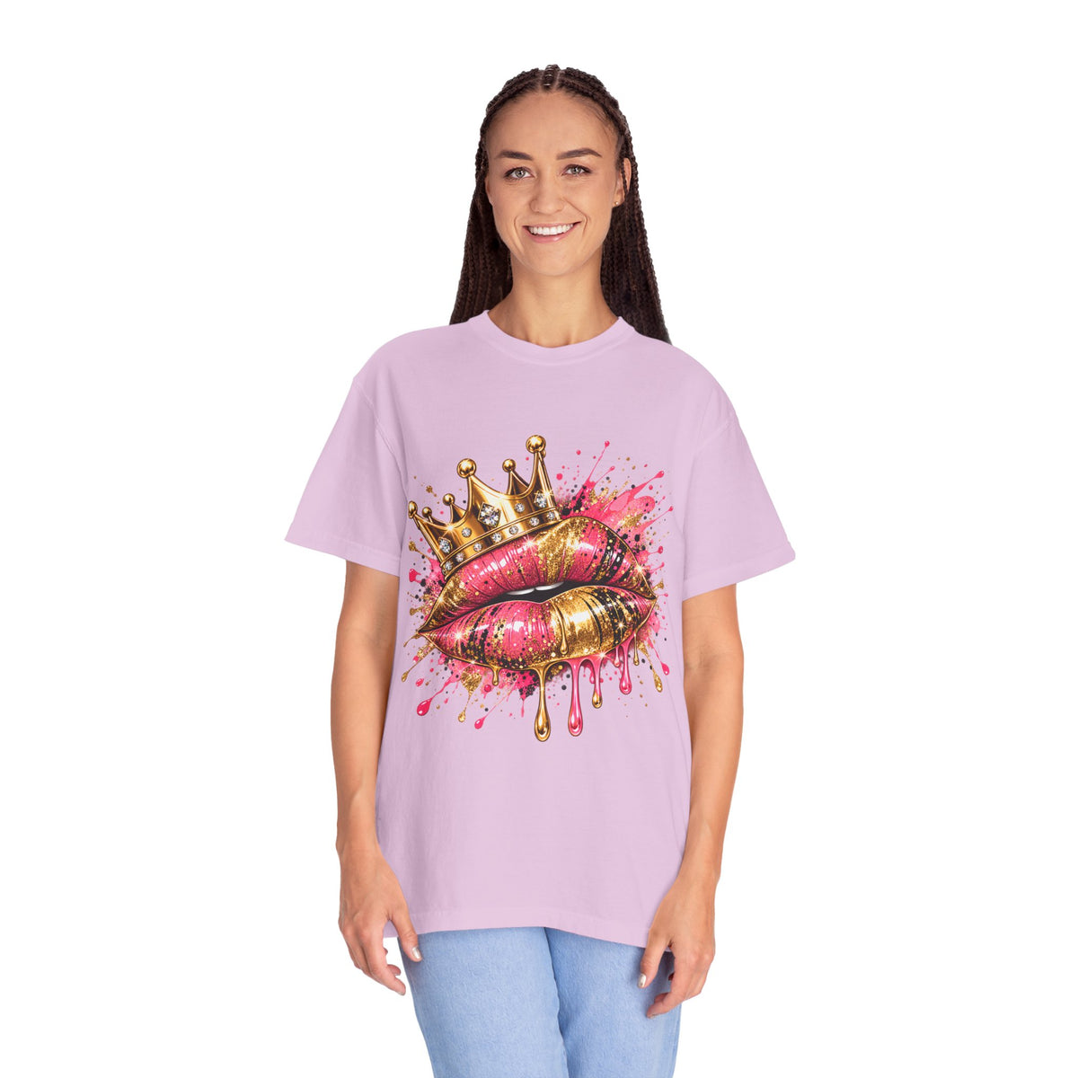 Crowned Kiss Graphic T-Shirt Gold Crown Pink Lip Art Tee product mockup