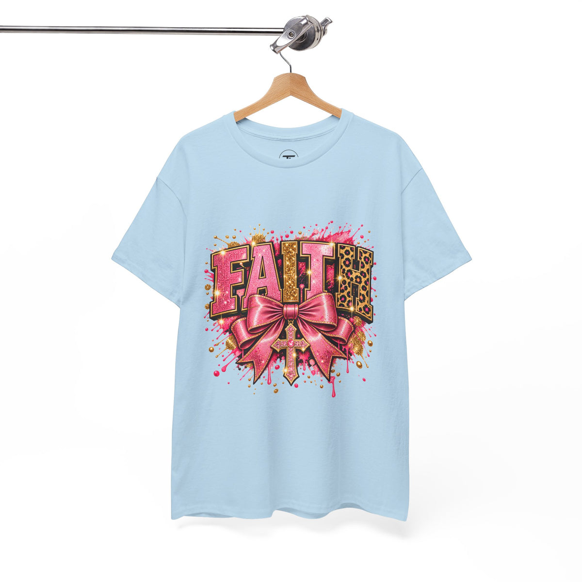 FAITH Leopard Bow T-Shirt Pink Faith Graphic Tee for Women & Girls product mockup
