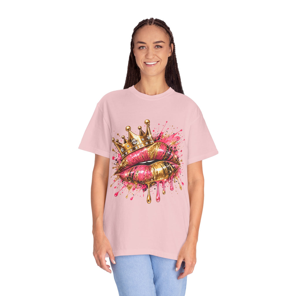 Crowned Kiss Graphic T-Shirt Gold Crown Pink Lip Art Tee product mockup