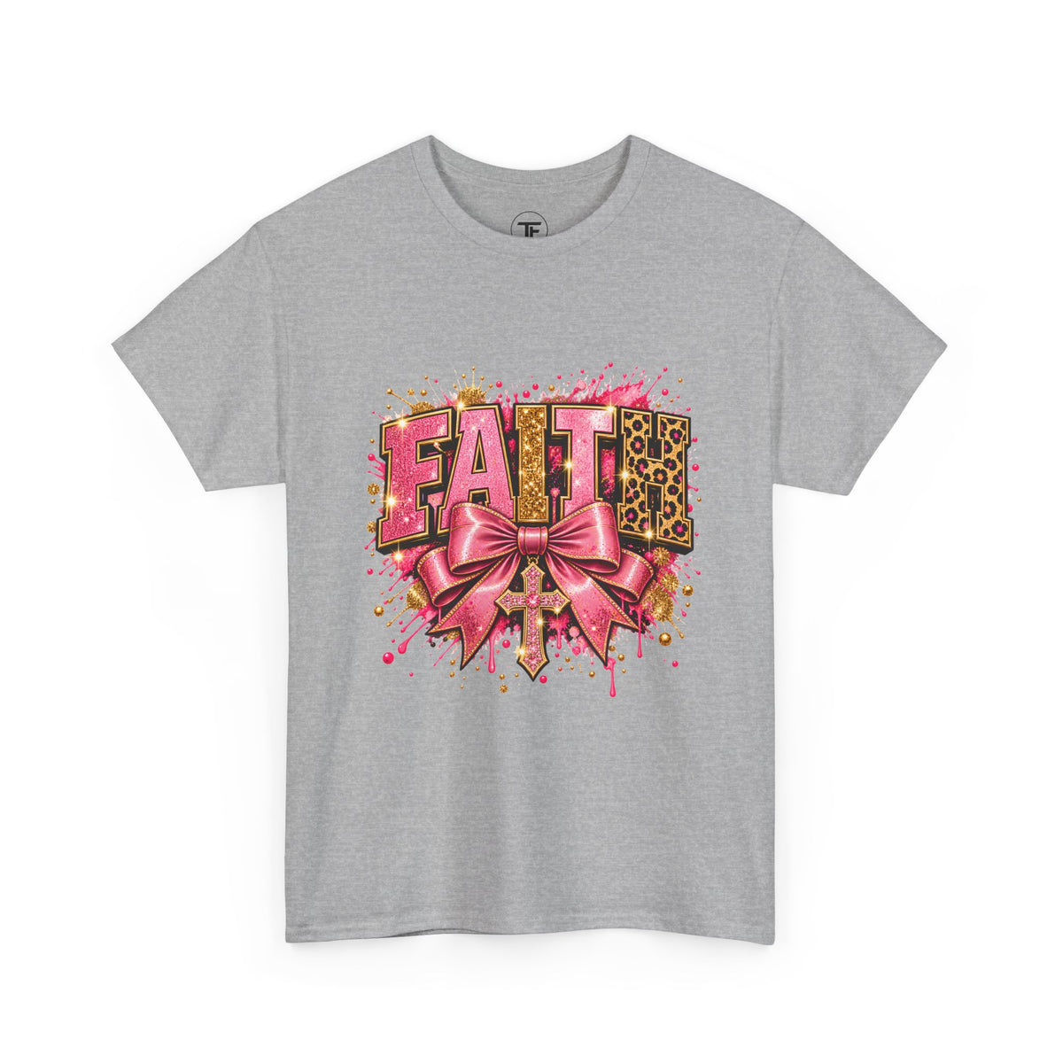 FAITH Leopard Bow T-Shirt Pink Faith Graphic Tee for Women & Girls product mockup