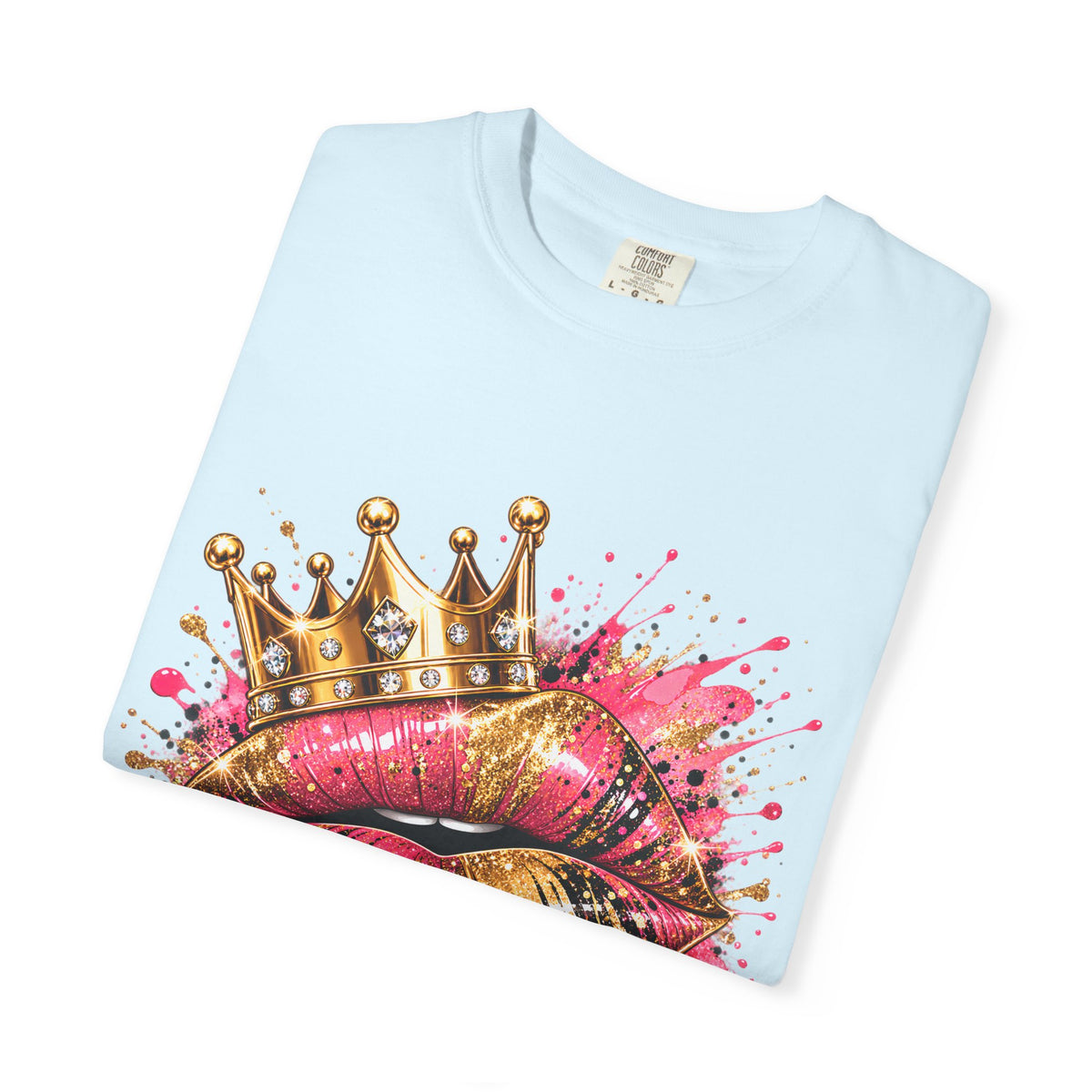 Crowned Kiss Graphic T-Shirt Gold Crown Pink Lip Art Tee product mockup