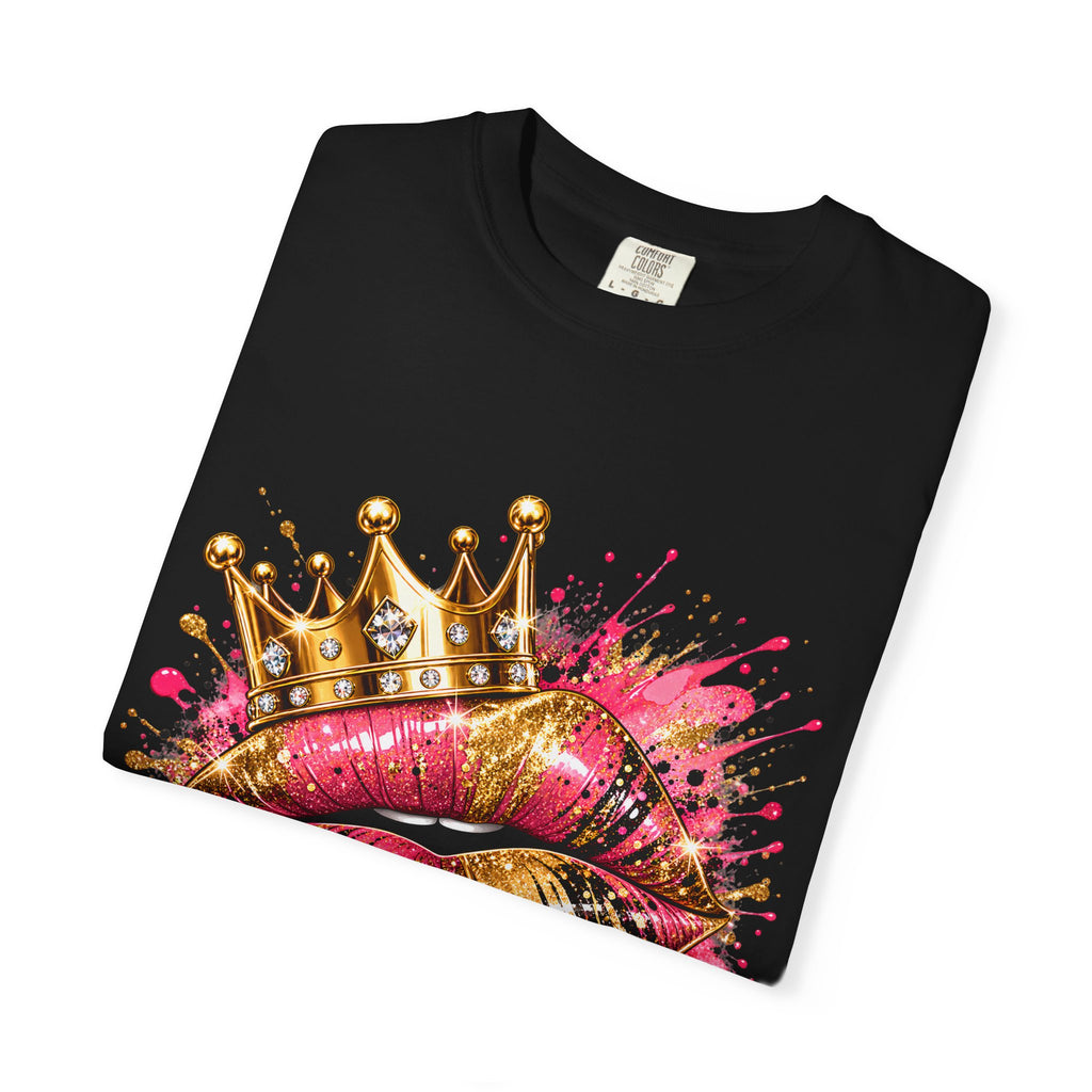 Crowned Kiss Graphic T-Shirt Gold Crown Pink Lip Art Tee product mockup