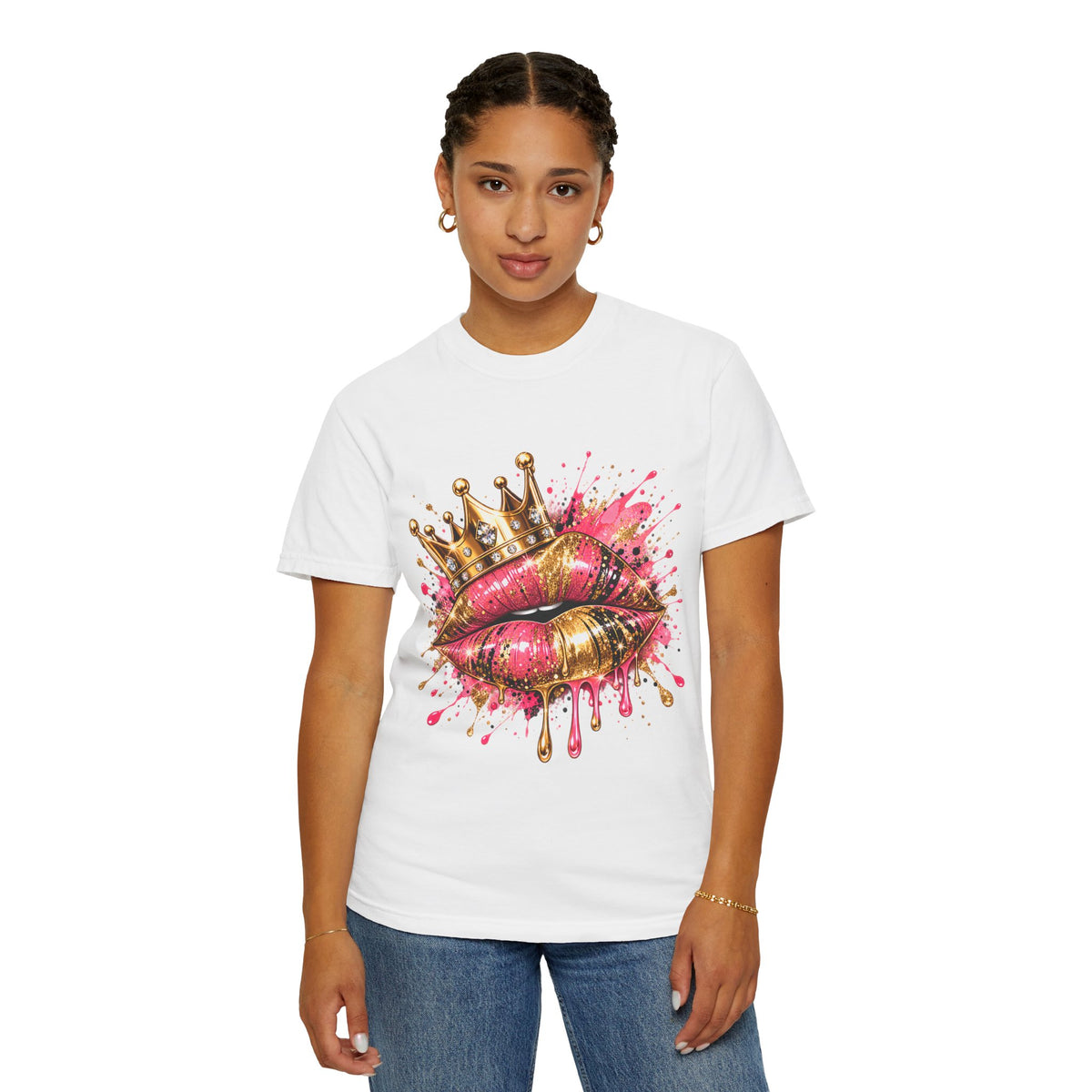 Crowned Kiss Graphic T-Shirt Gold Crown Pink Lip Art Tee product mockup