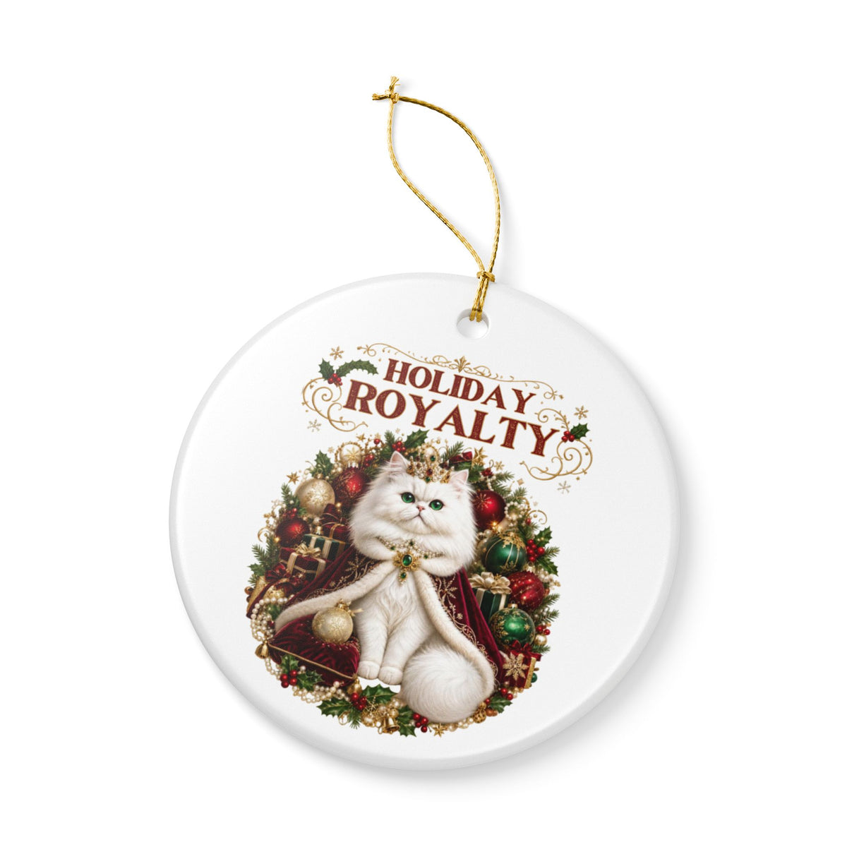 Holiday Royalty white cat ceramic Christmas tree ornament