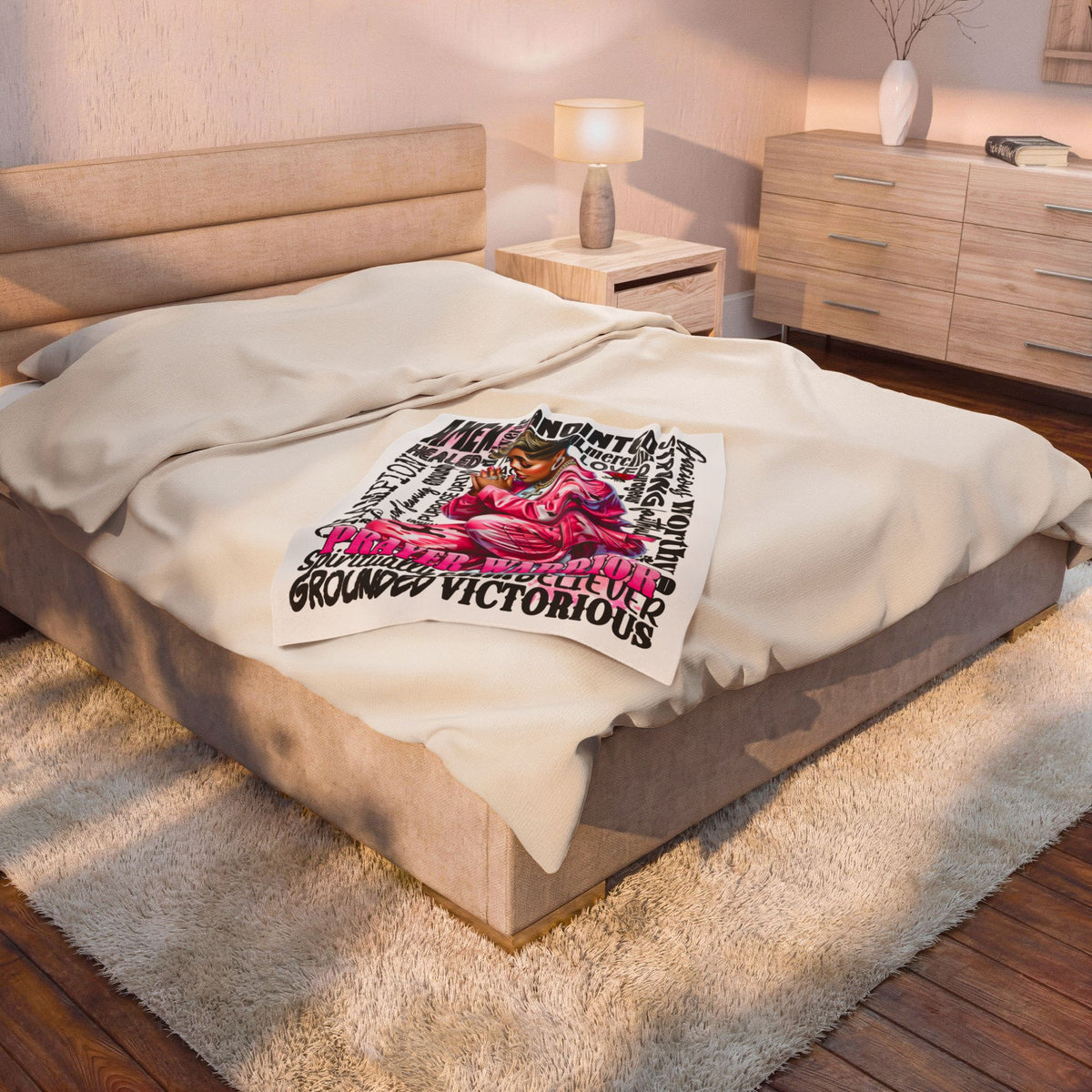 Prayer Warrior Christian faith blanket with pink praying woman — product view 4