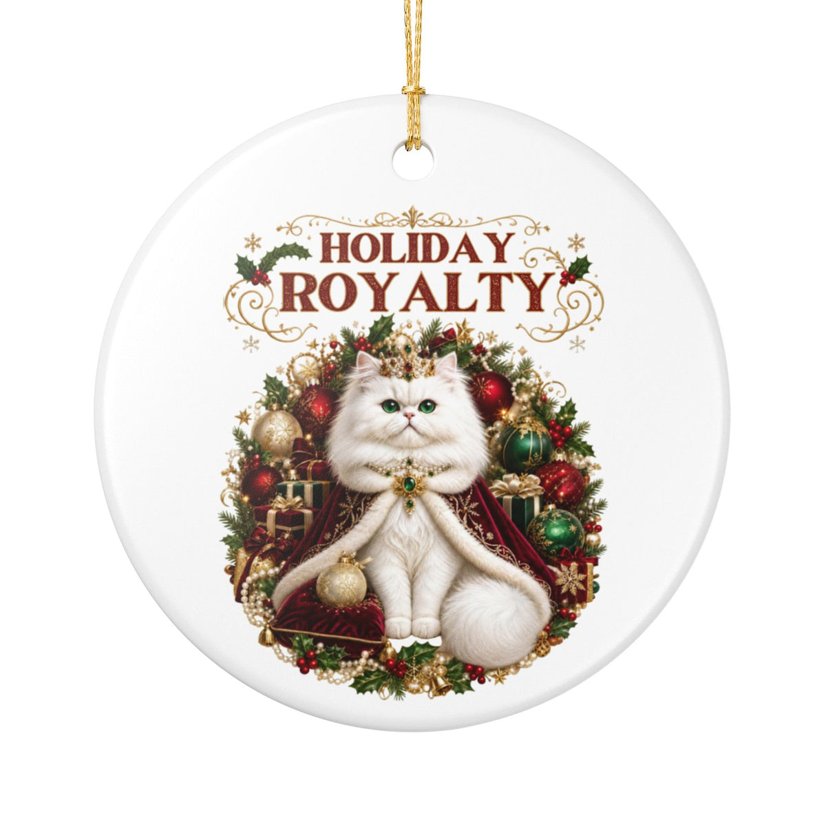 Holiday Royalty white cat ceramic Christmas tree ornament
