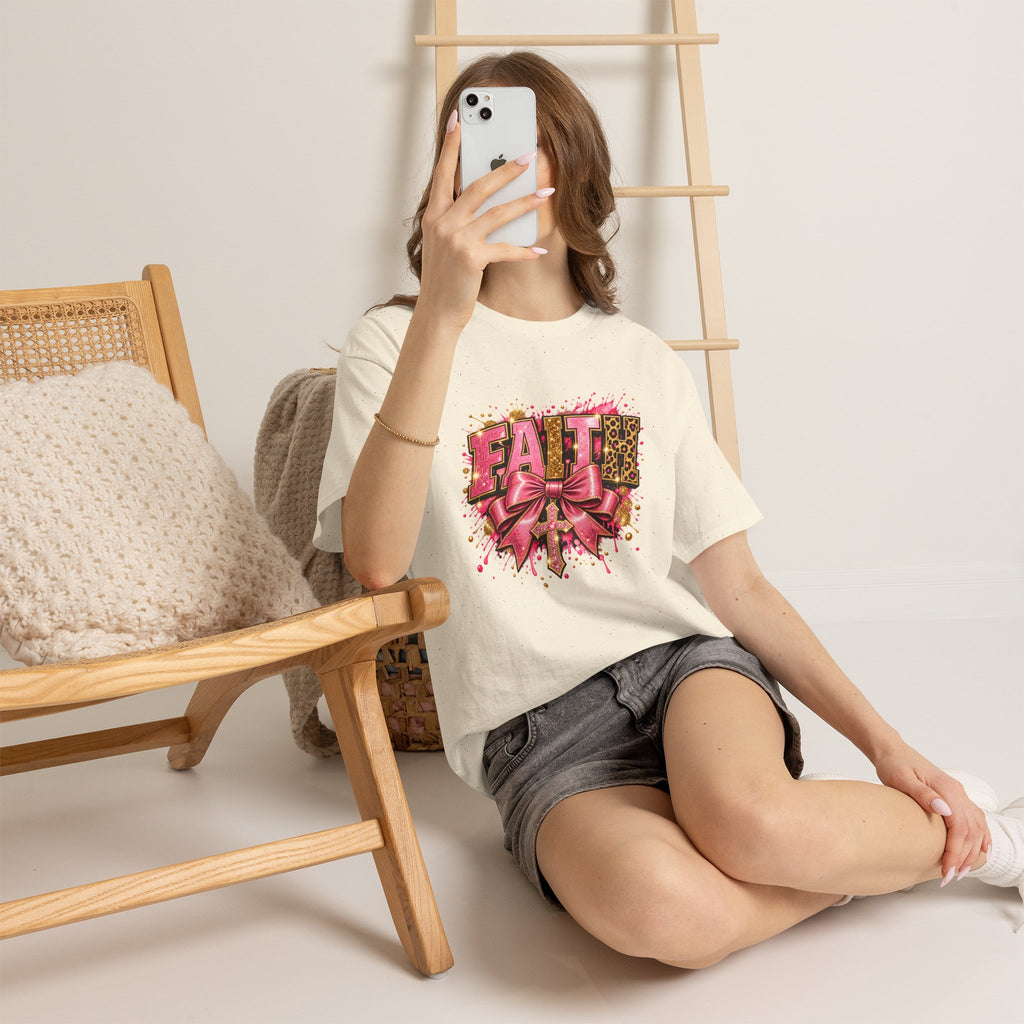 FAITH Leopard Bow T-Shirt Pink Faith Graphic Tee for Women & Girls product mockup