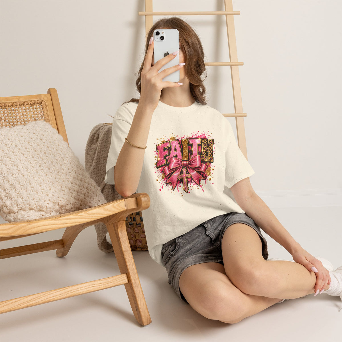 FAITH Leopard Bow T-Shirt Pink Faith Graphic Tee for Women & Girls product mockup