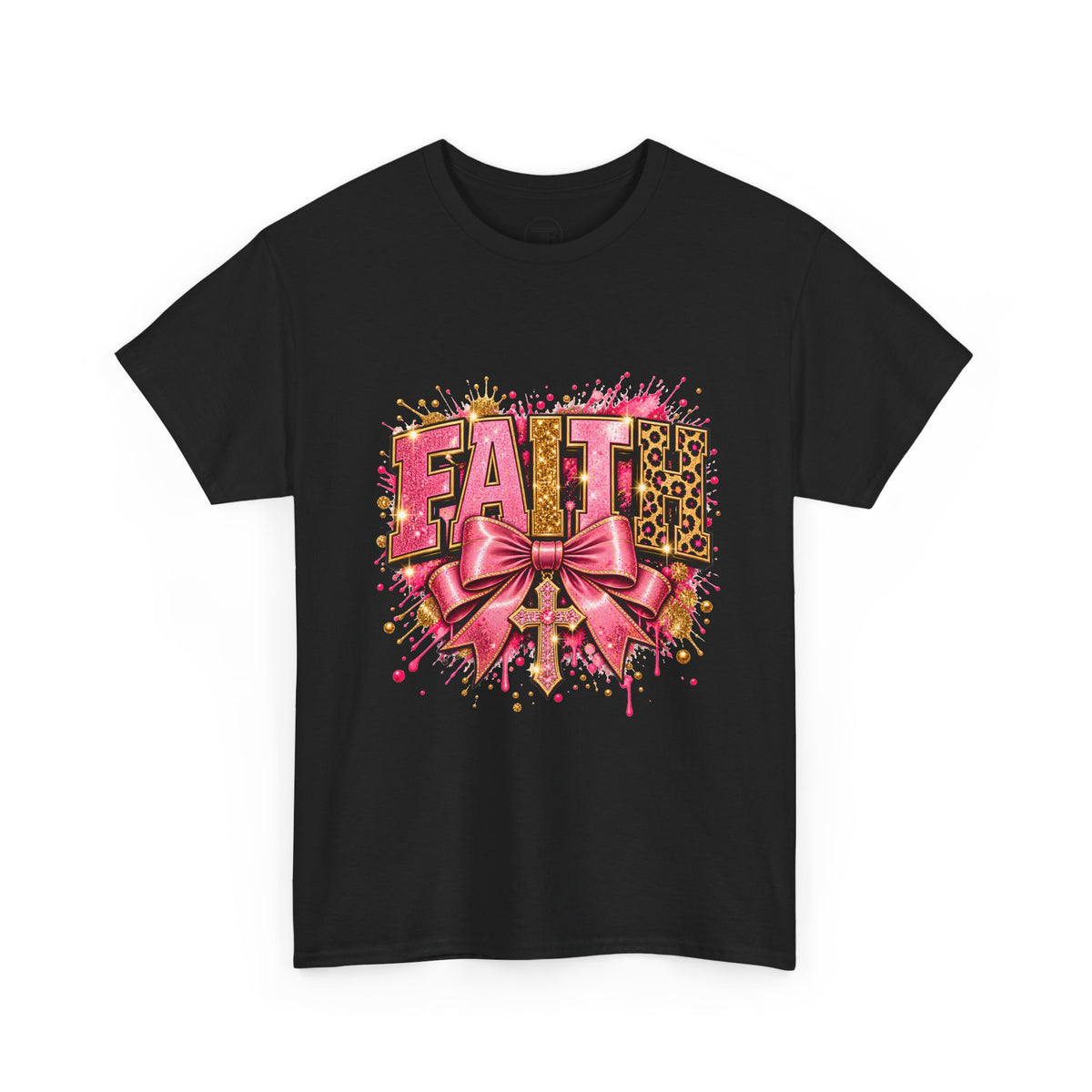 FAITH Leopard Bow T-Shirt Pink Faith Graphic Tee for Women & Girls product mockup