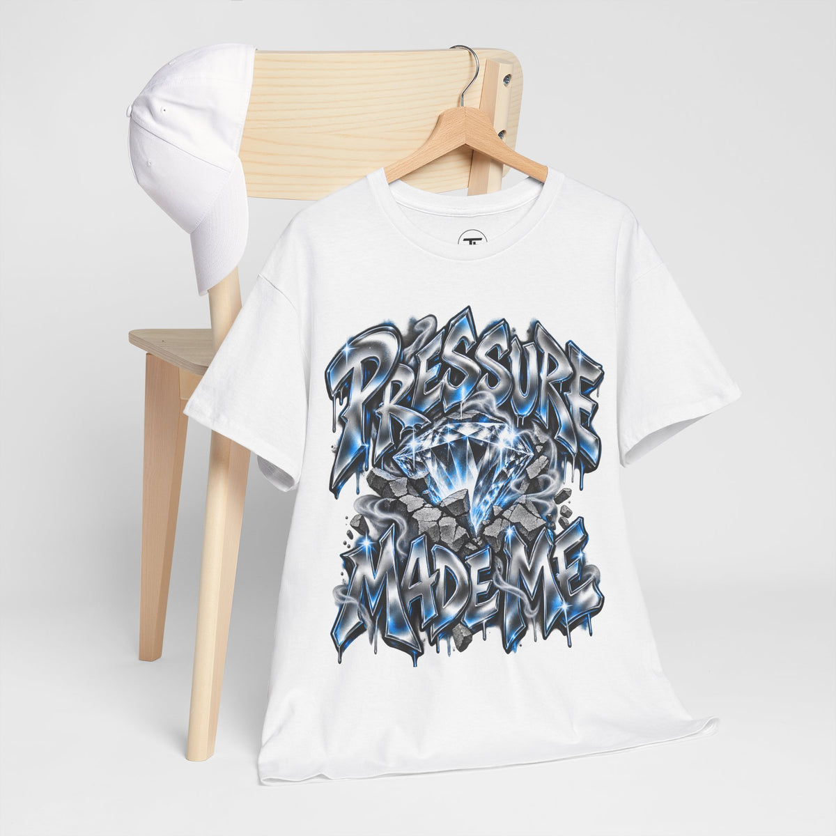 Pressure Made Me graffiti-style T-shirt with blue lightning design