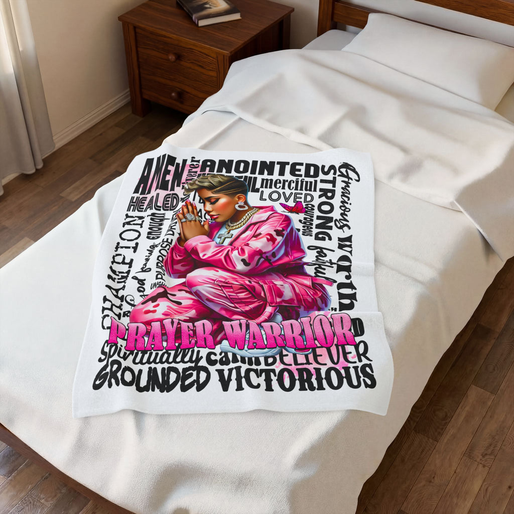 Prayer Warrior pink Christian faith-themed blanket