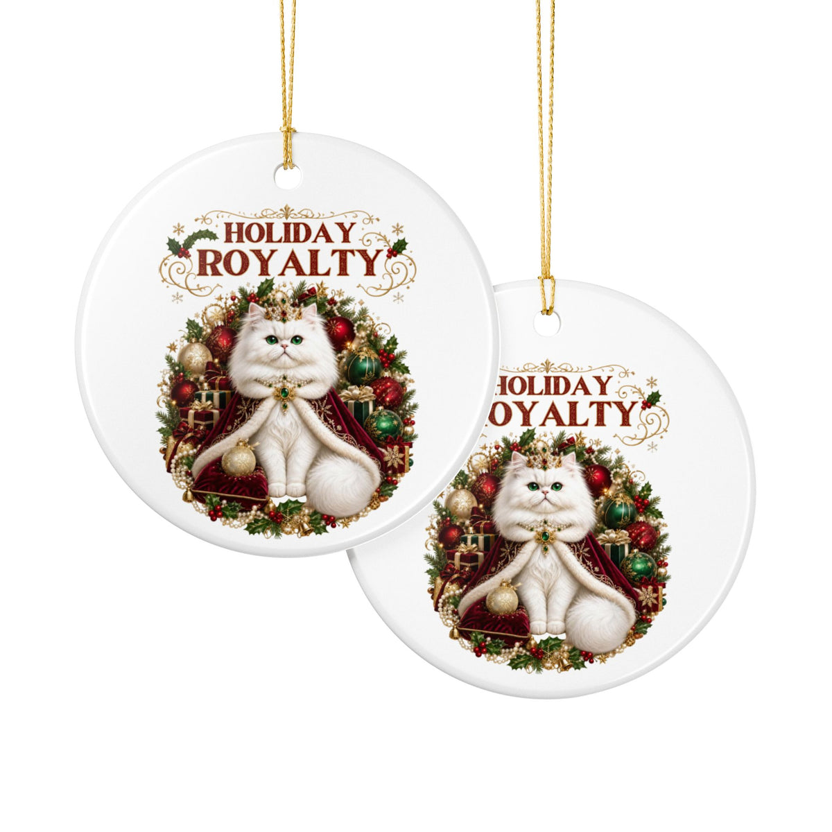 Holiday Royalty white cat ceramic Christmas tree ornament