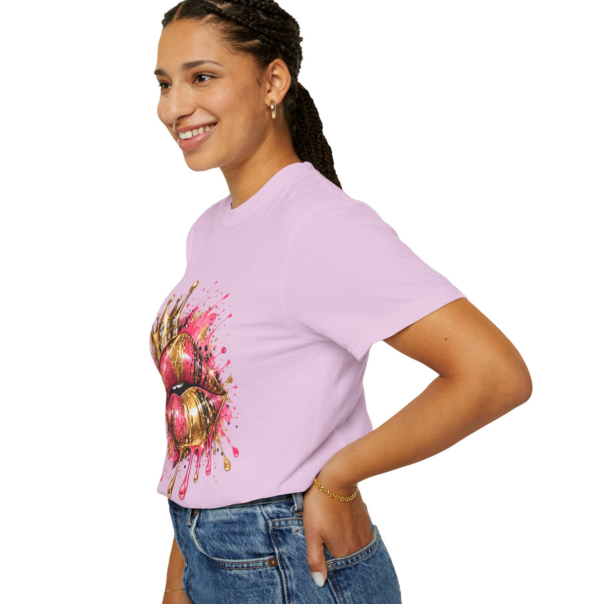 Crowned Kiss Graphic T-Shirt Gold Crown Pink Lip Art Tee product mockup