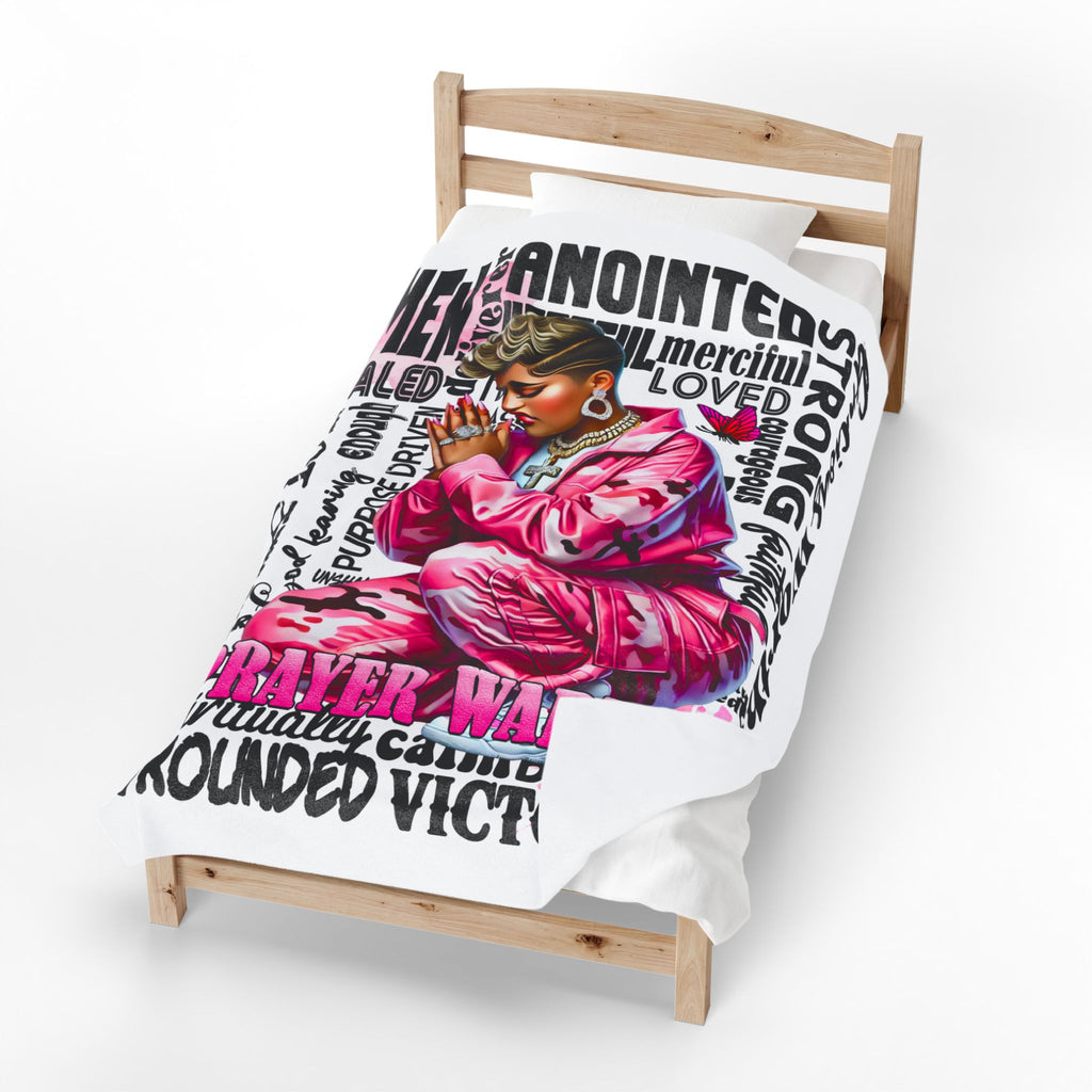 Prayer Warrior woman blanket | Christian faith scripture typography, pink praying figure