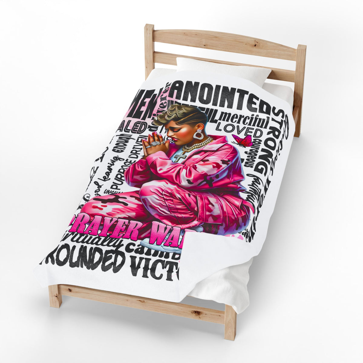 Prayer Warrior woman blanket | Christian faith scripture typography, pink praying figure