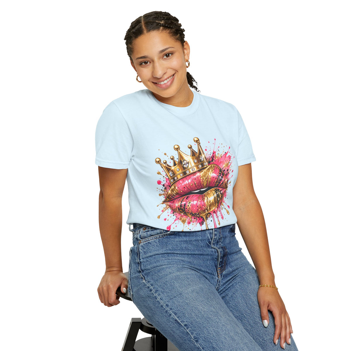 Crowned Kiss Graphic T-Shirt Gold Crown Pink Lip Art Tee product mockup