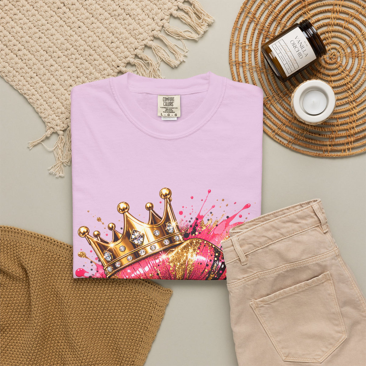 Crowned Kiss Graphic T-Shirt Gold Crown Pink Lip Art Tee product mockup