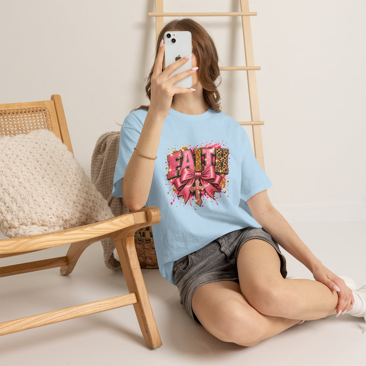 FAITH Leopard Bow T-Shirt Pink Faith Graphic Tee for Women & Girls product mockup