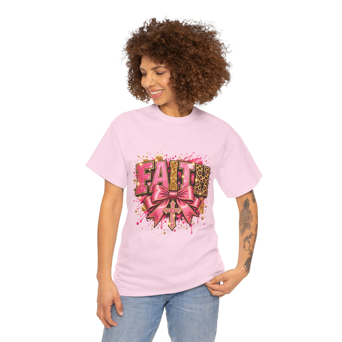 FAITH Leopard Bow T-Shirt Pink Faith Graphic Tee for Women & Girls product mockup
