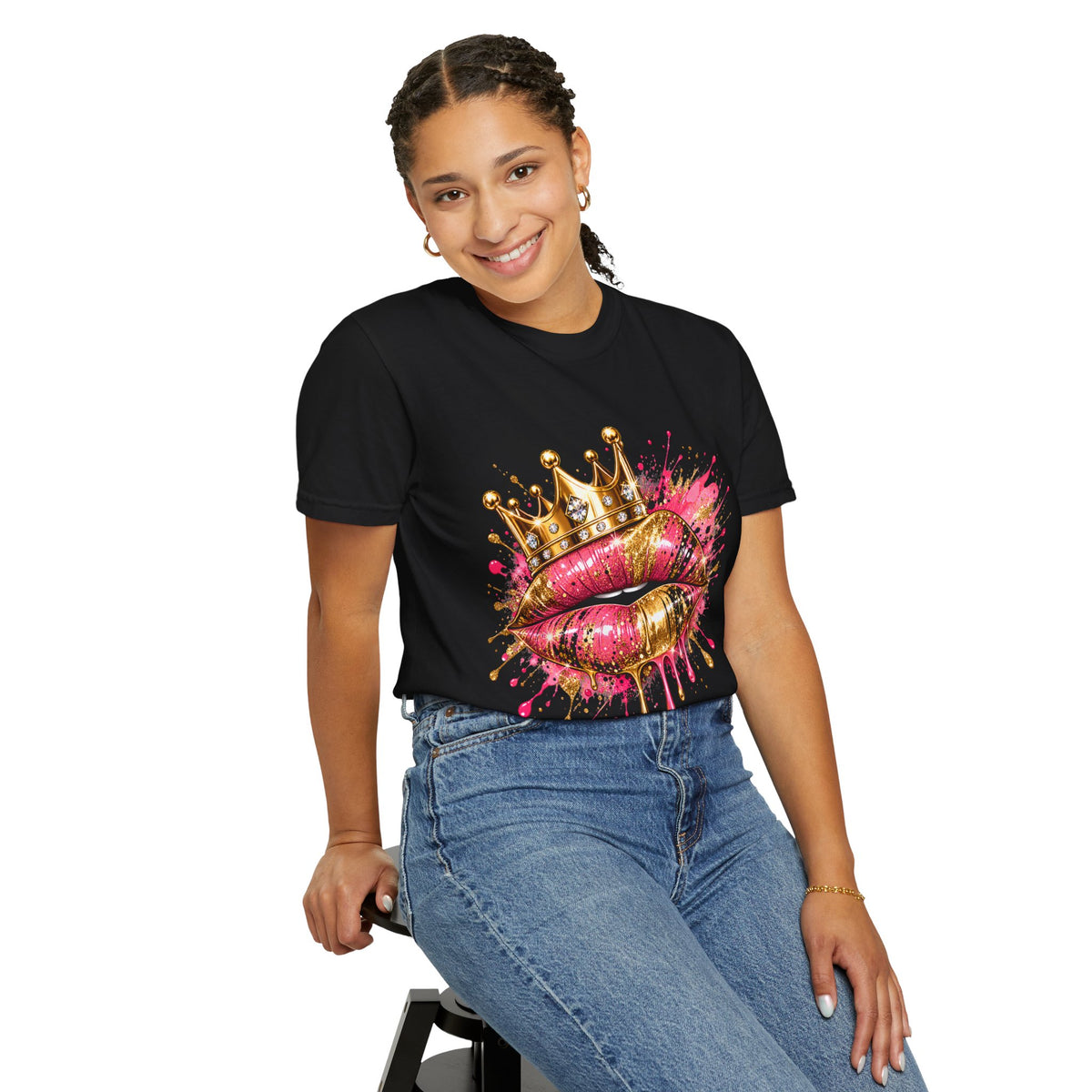 Crowned Kiss Graphic T-Shirt Gold Crown Pink Lip Art Tee product mockup