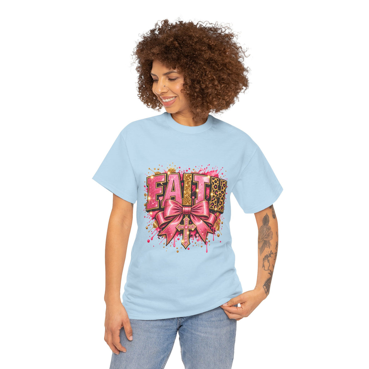 FAITH Leopard Bow T-Shirt Pink Faith Graphic Tee for Women & Girls product mockup