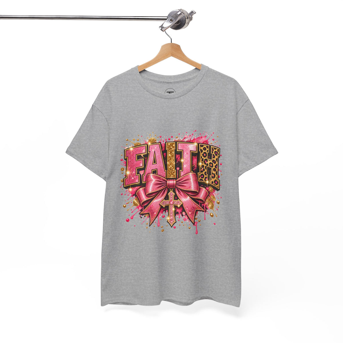 FAITH Leopard Bow T-Shirt Pink Faith Graphic Tee for Women & Girls product mockup