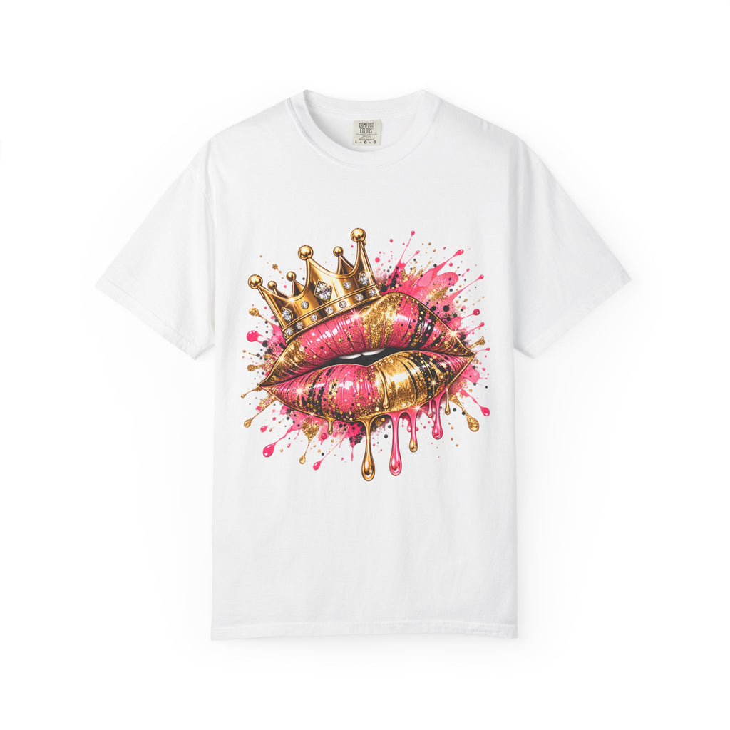 Crowned Kiss Graphic T-Shirt Gold Crown Pink Lip Art Tee product mockup